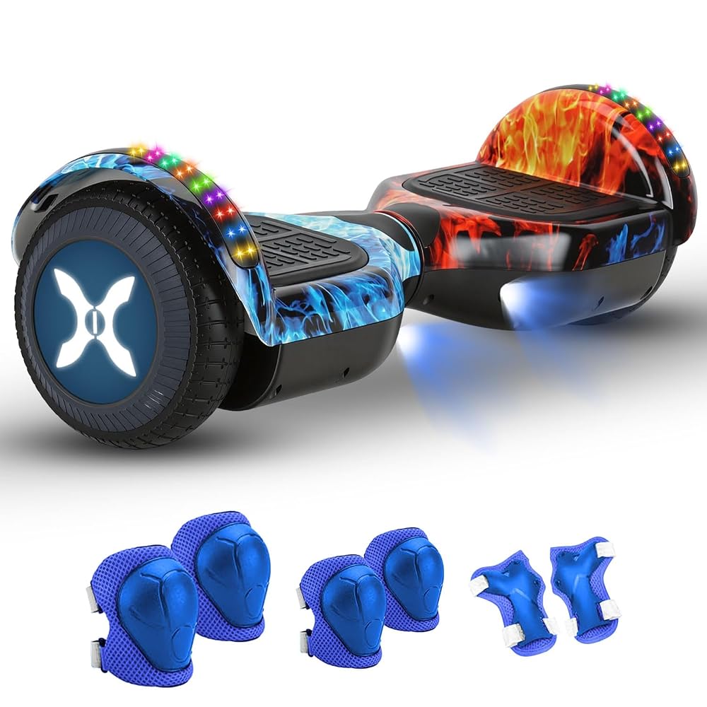 Hoverboard Adulto e Infantil com 350W, Overboard Todo Terreno com Rodas Largas 6.5", Overboard com Bluetooth e Luzes LED, Hoverboard Adulto até 100kg, Autonomia de 10-15km (Vermelho e Azul)
